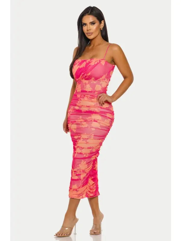 Floral Mesh Ruched Bodycon Midi Dress