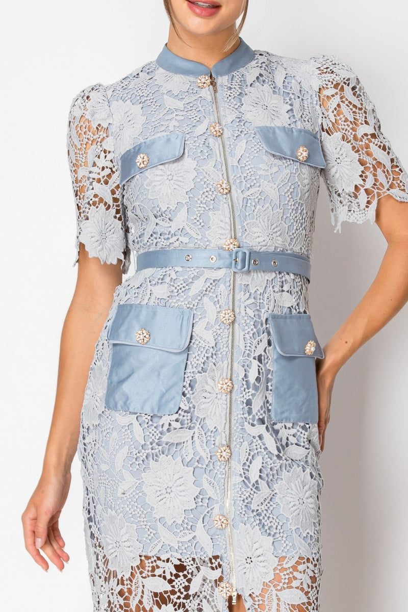 Lace Short Sleeve Zipper Closure Midi Dress