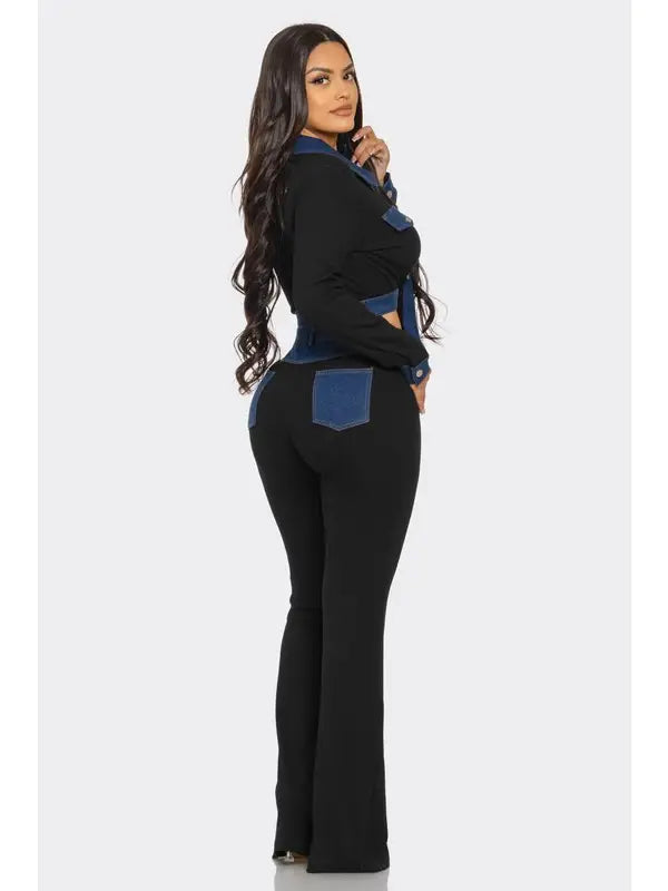 Contrast Trim Button-Up Top & Flare Pants Set