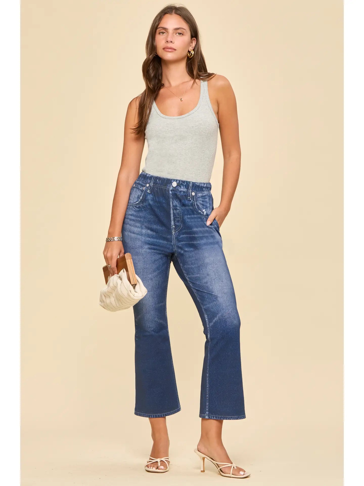 High Rise Elastic Waist Cropped Flare Jeans in Dark Denim