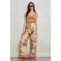 Tropical Border Print Tie Waist Wide-Leg Pants
