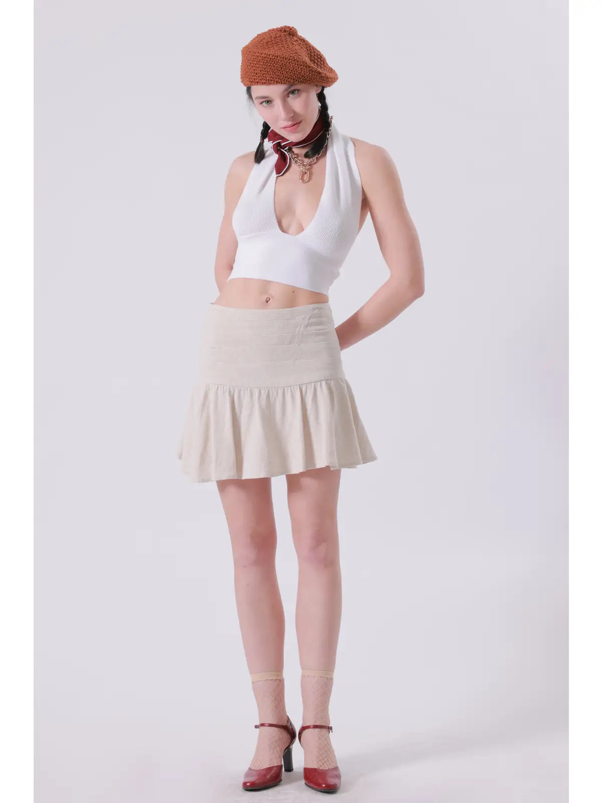 White Ribbed Halter Neck Crop Top with Deep V Neckline