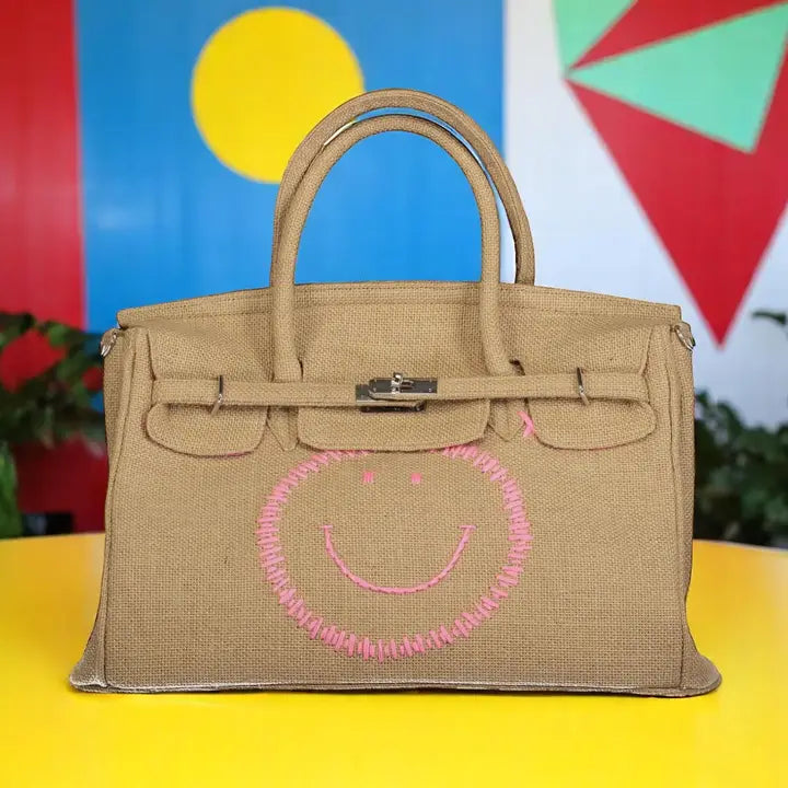 Smiley Face Jute Top Handle Satchel Bag with Structured Design
