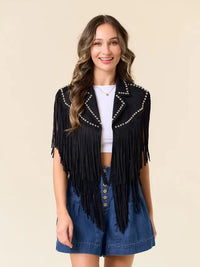 Black Fringe Cropped Western Shrug with Studded Trim