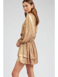 Gold Satin Tiered Mini Dress with Ruffle Neckline