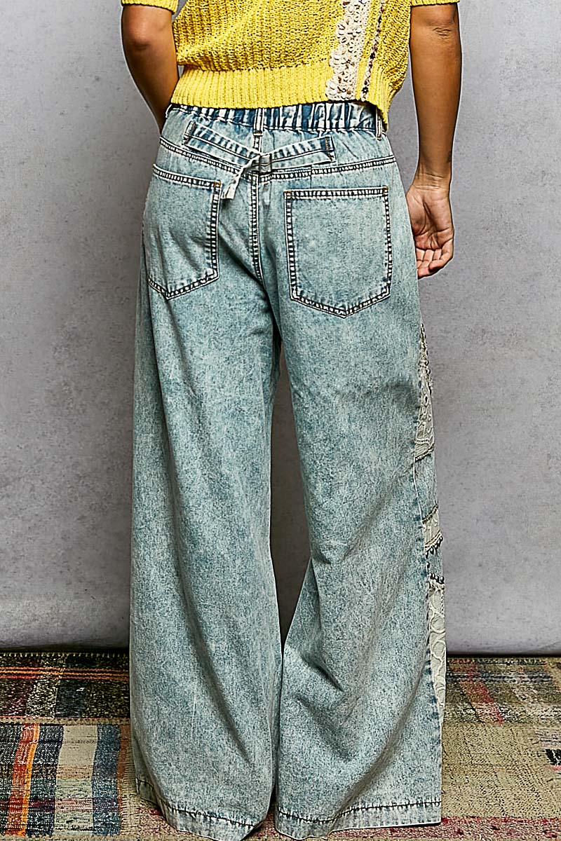 Boho Patchwork Lace Wide Leg Denim Pants