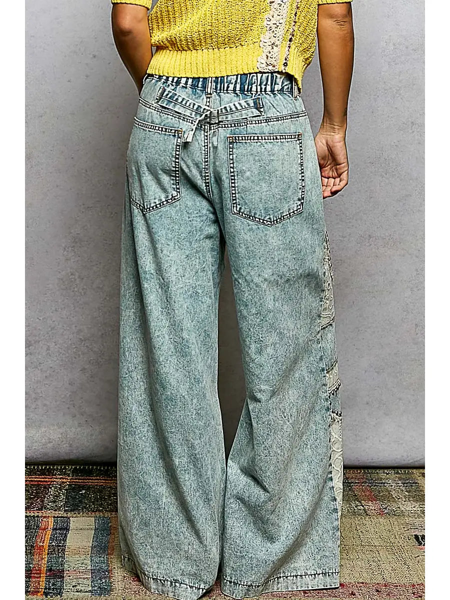 Boho Patchwork Lace Wide Leg Denim Pants