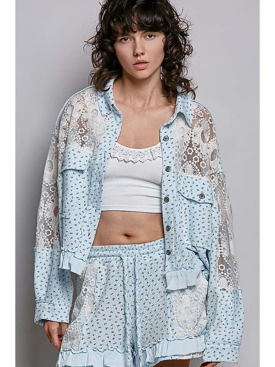 Blue Floral Lace Patchwork Top