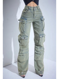 Utility Luxe Multi-Pocket Cargo Jeans in Washed Olive
