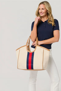 Beige Canvas Tote Bag with Red and Navy Stripe Detail
