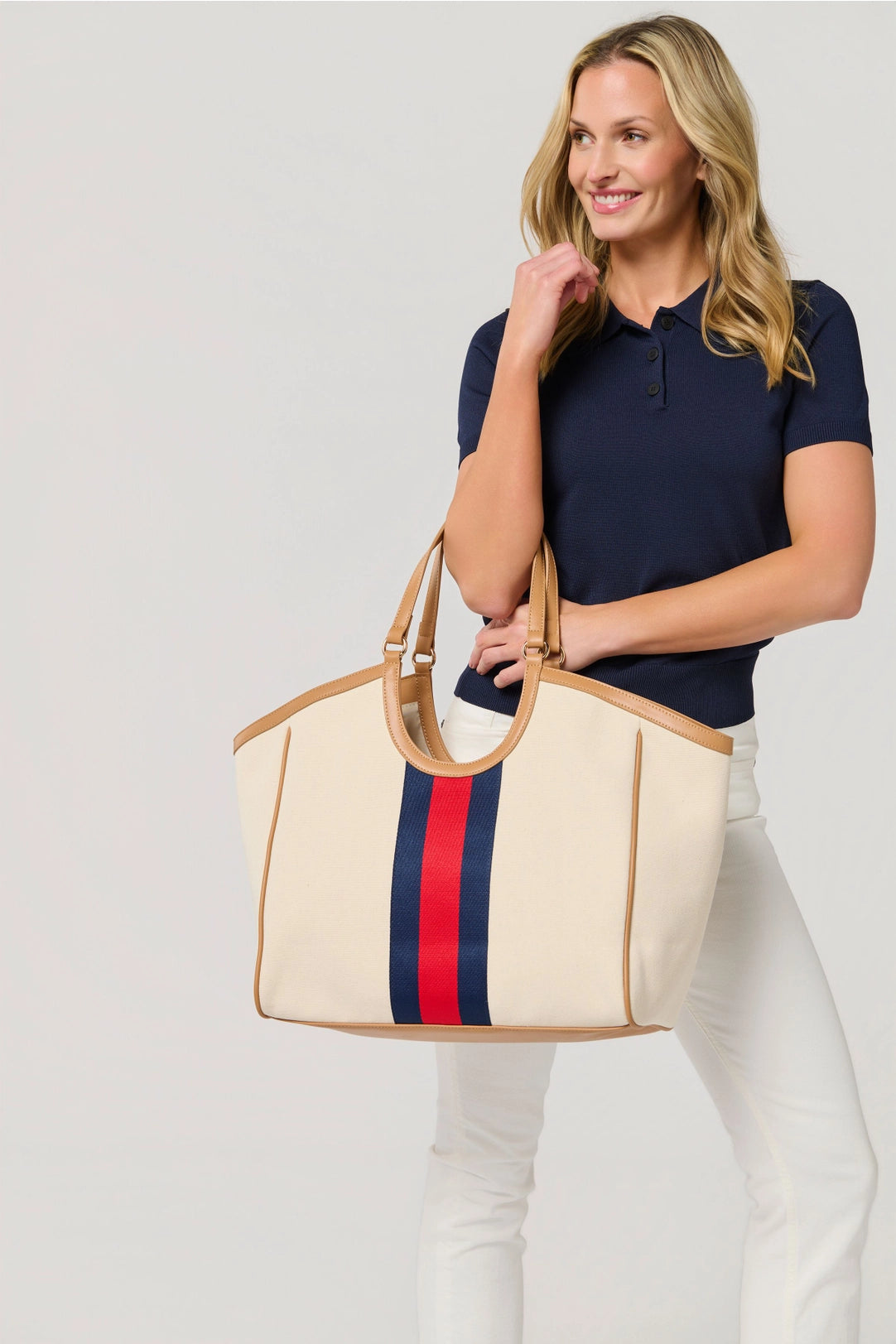 Beige Canvas Tote Bag with Red and Navy Stripe Detail