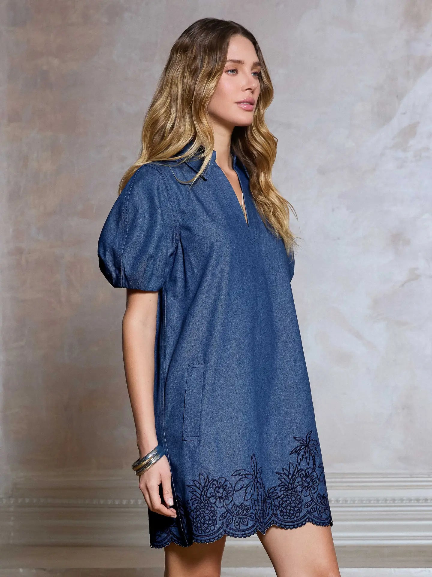 Denim Blue Embroidered Puff Sleeve Mini Dress