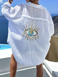 White Gauze Button-Down Cover-Up Shirt with Sequin Evil Eye Detail