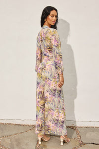 Tropical Lilac & Green Tie-Front Sheer Blouse
