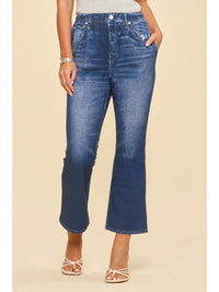 High Rise Elastic Waist Cropped Flare Jeans in Dark Denim