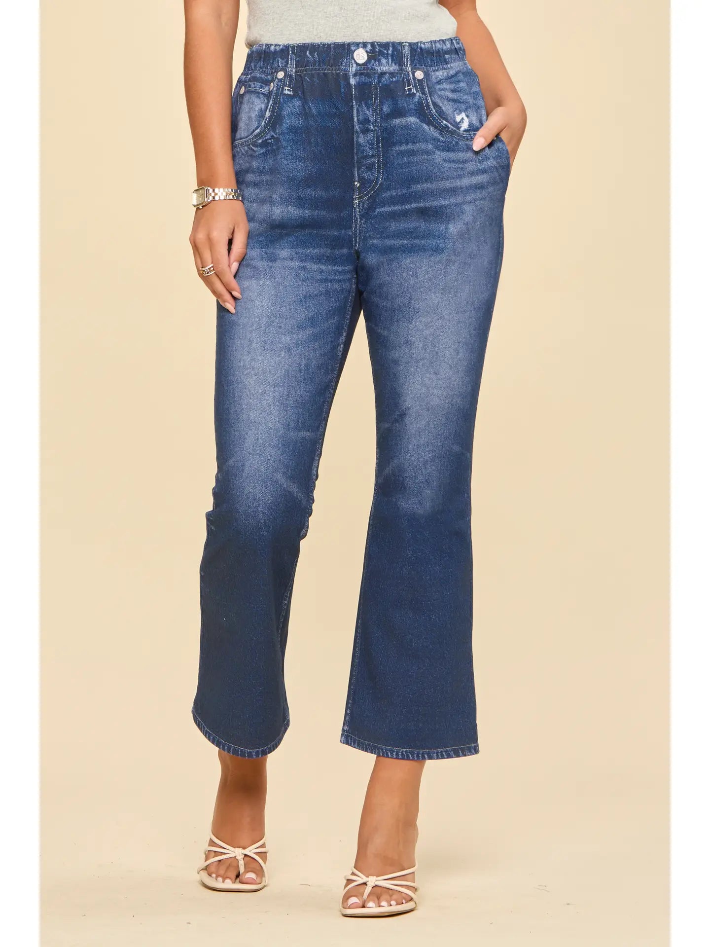 High Rise Elastic Waist Cropped Flare Jeans in Dark Denim