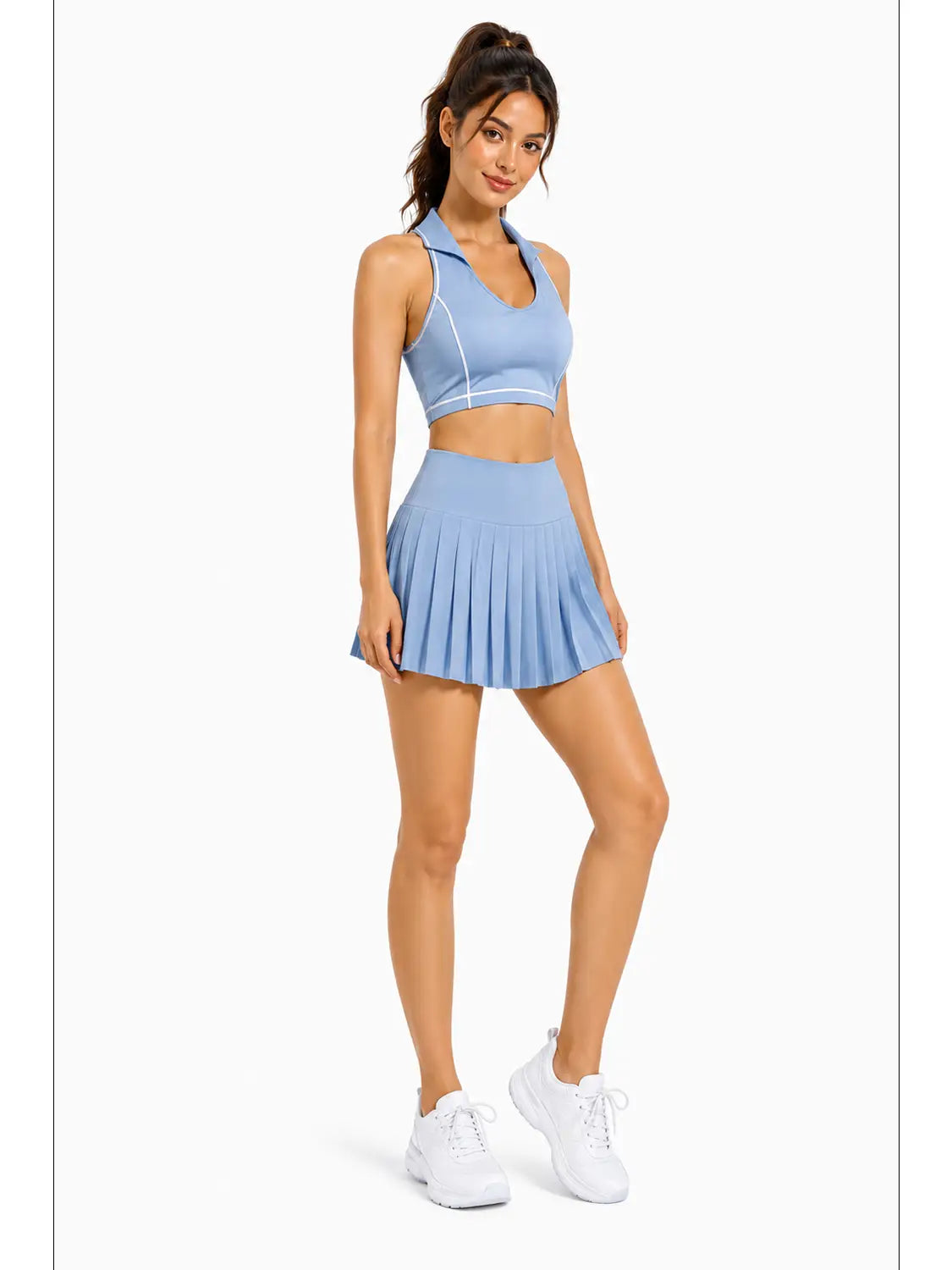 Blue Pleated Active Skirt and Collared Sports Bra Set