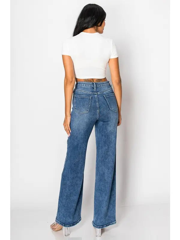 Wide-Leg Denim Jeans with Silver Sequin Geometric Pattern Light Blue