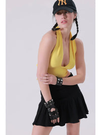 Yellow Ribbed Halter Neck Crop Top with Deep V Neckline