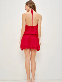 Red Halter Neck Flowy Mini Dress with Layered Skirt