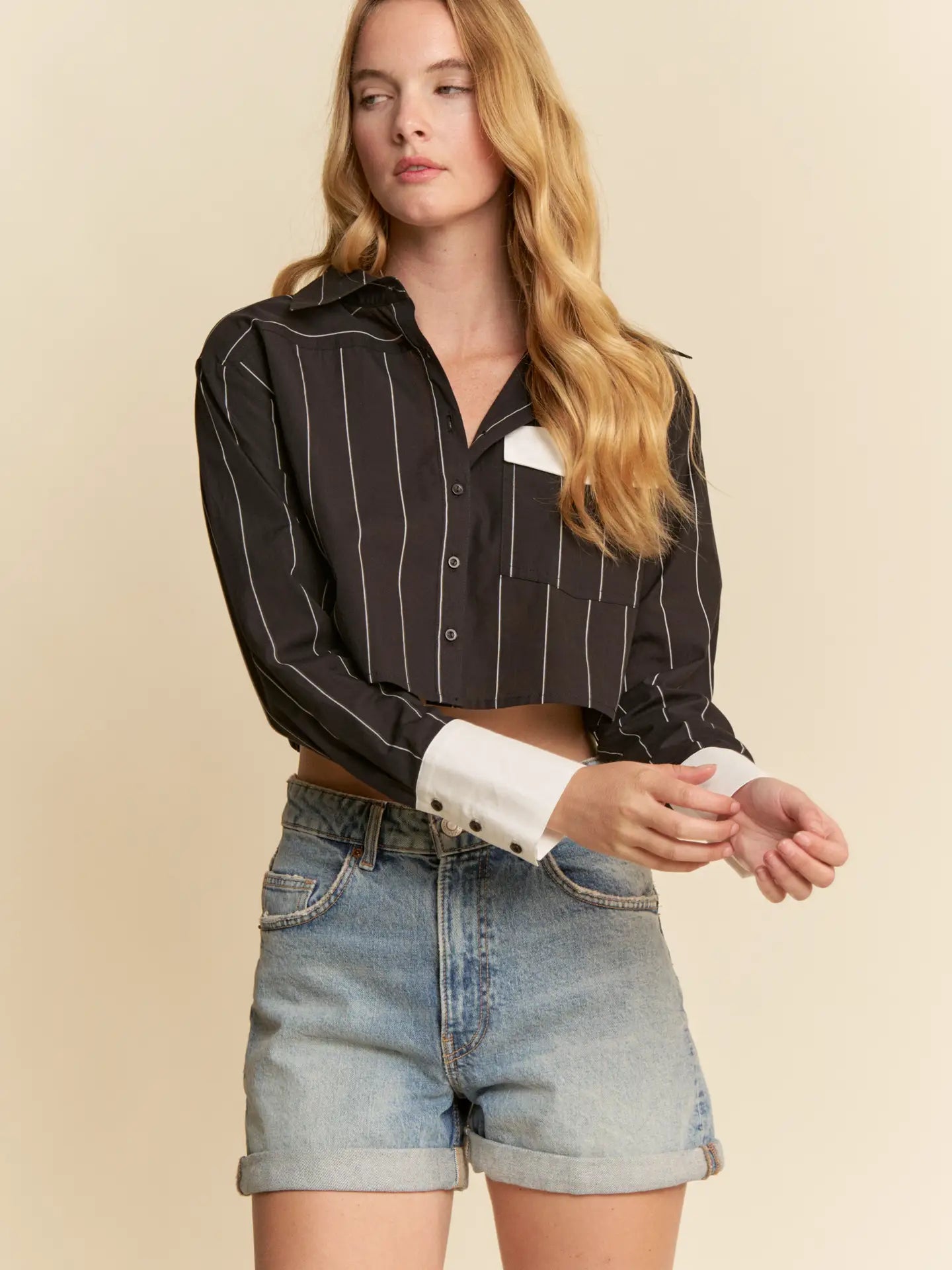 Cropped Pinstripe Button Down Shirt with Contrast Cuffs