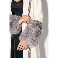 Vegan Fur Cuff Embroidered Open-Front Duster Coat