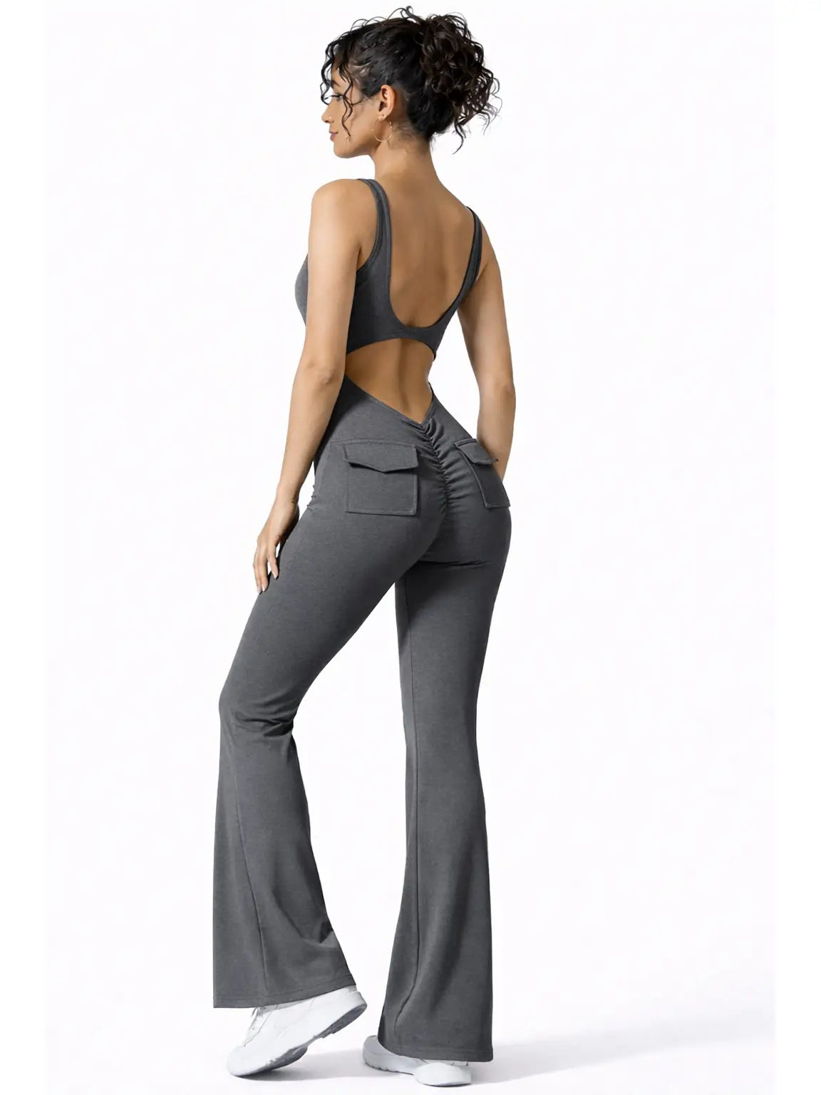 Gray Backless Flare Jumpsuit with Ruched Detail
