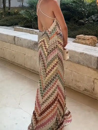 Multicolor Crochet Knit Backless Maxi Dress