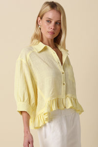 Lightweight Ruffle Hem Button-Up Blouse with Puff Sleeves in Pastel Yellow