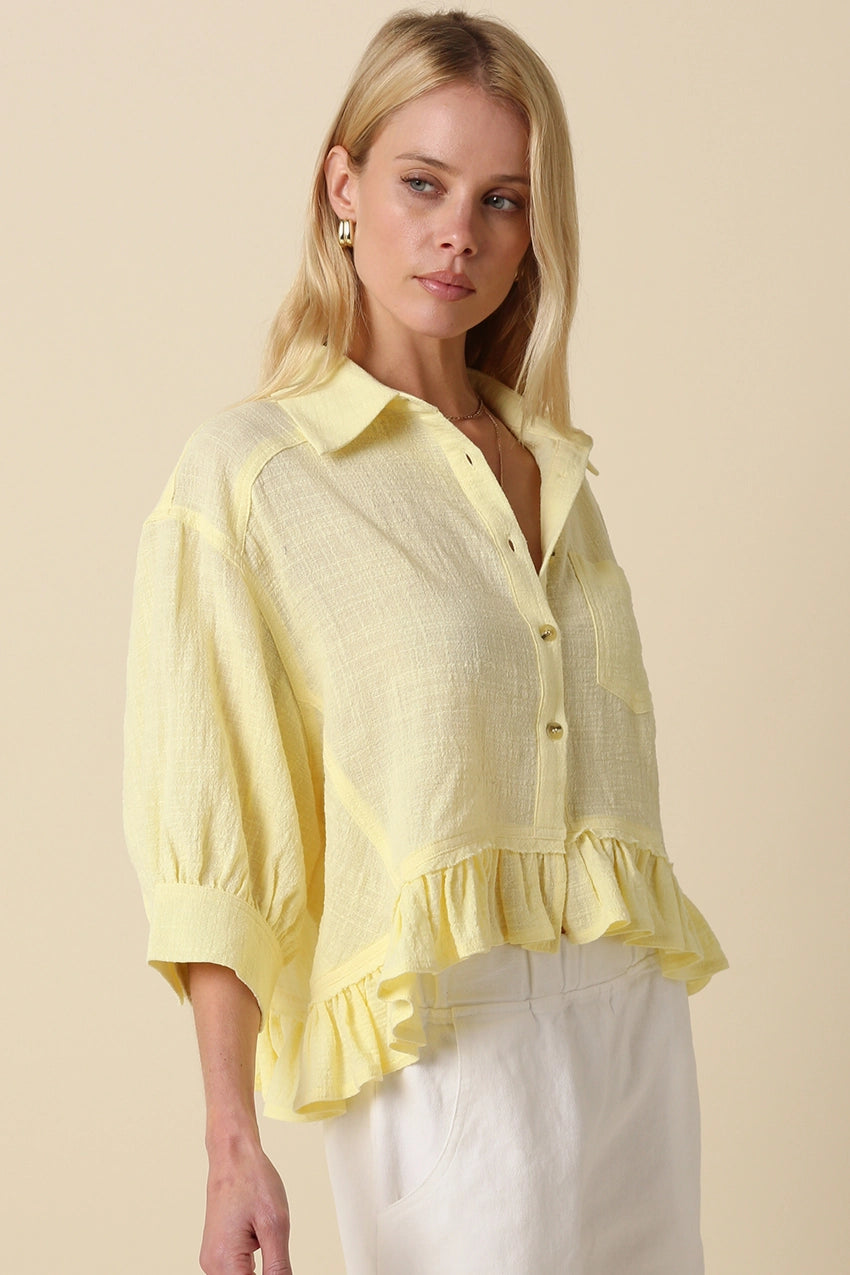 Lightweight Ruffle Hem Button-Up Blouse with Puff Sleeves in Pastel Yellow