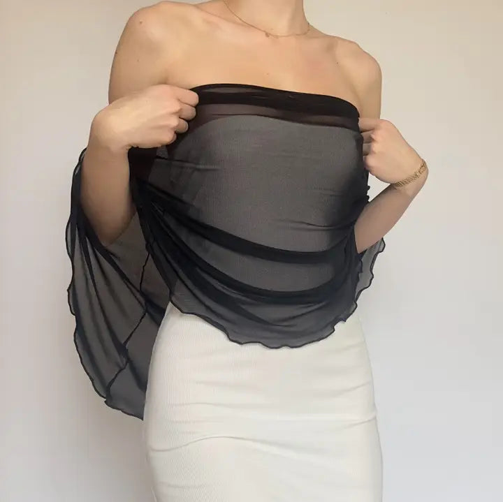 Black Sheer Mesh Off-Shoulder Draped Wrap Top
