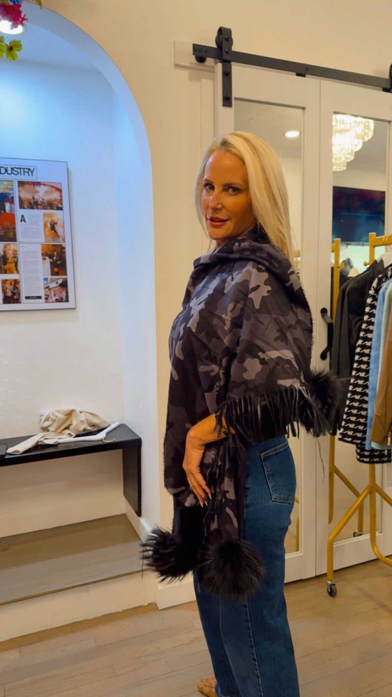 Army Cashmere Shawl with Faux Fur Pom Poms