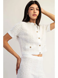 White Textured Knit Button Front Cropped Top