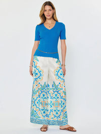 Blue Ribbed V-Neck Short Sleeve Knit Top