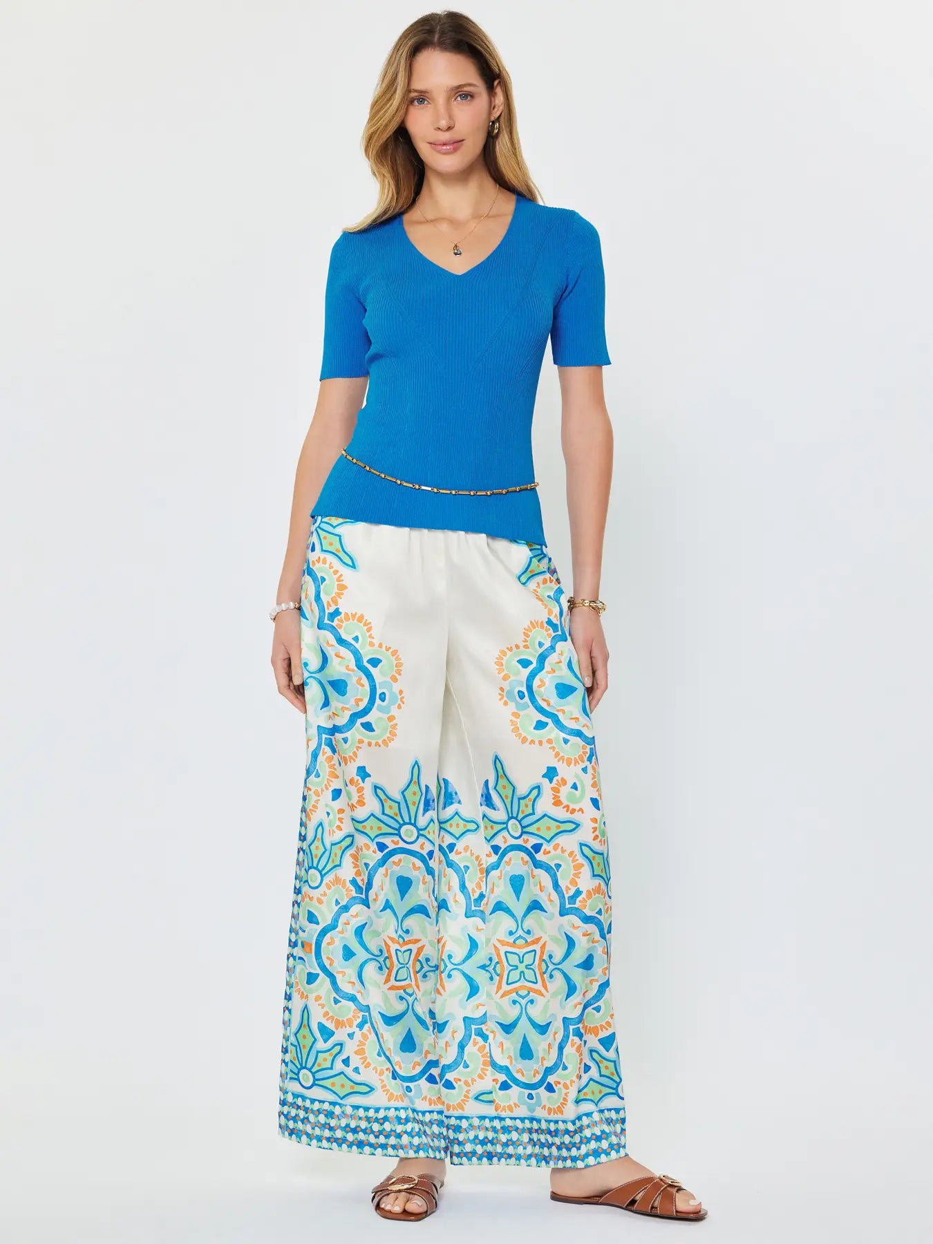 Blue Ribbed V-Neck Short Sleeve Knit Top
