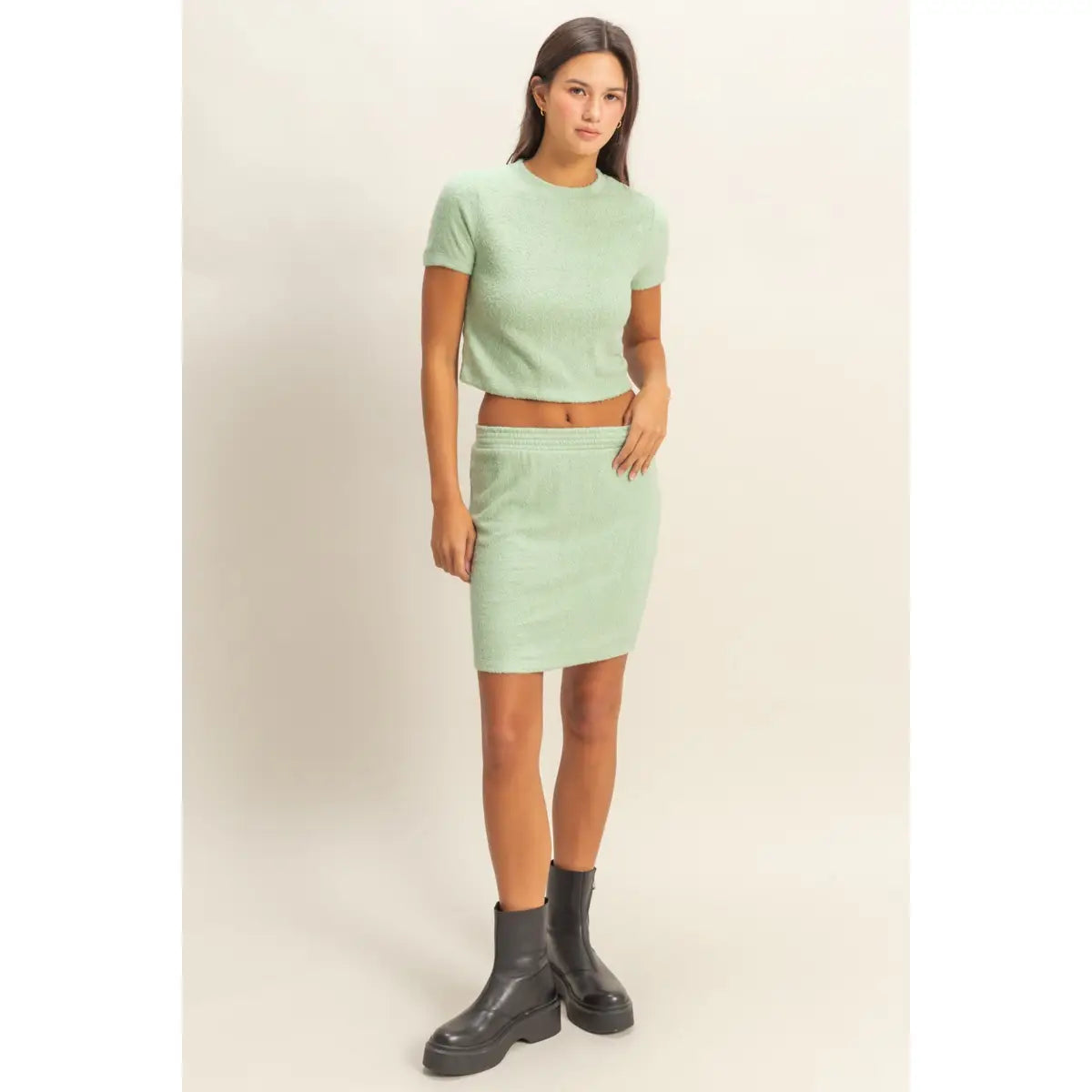 Mint Green Textured Crop Top and Mini Skirt Set