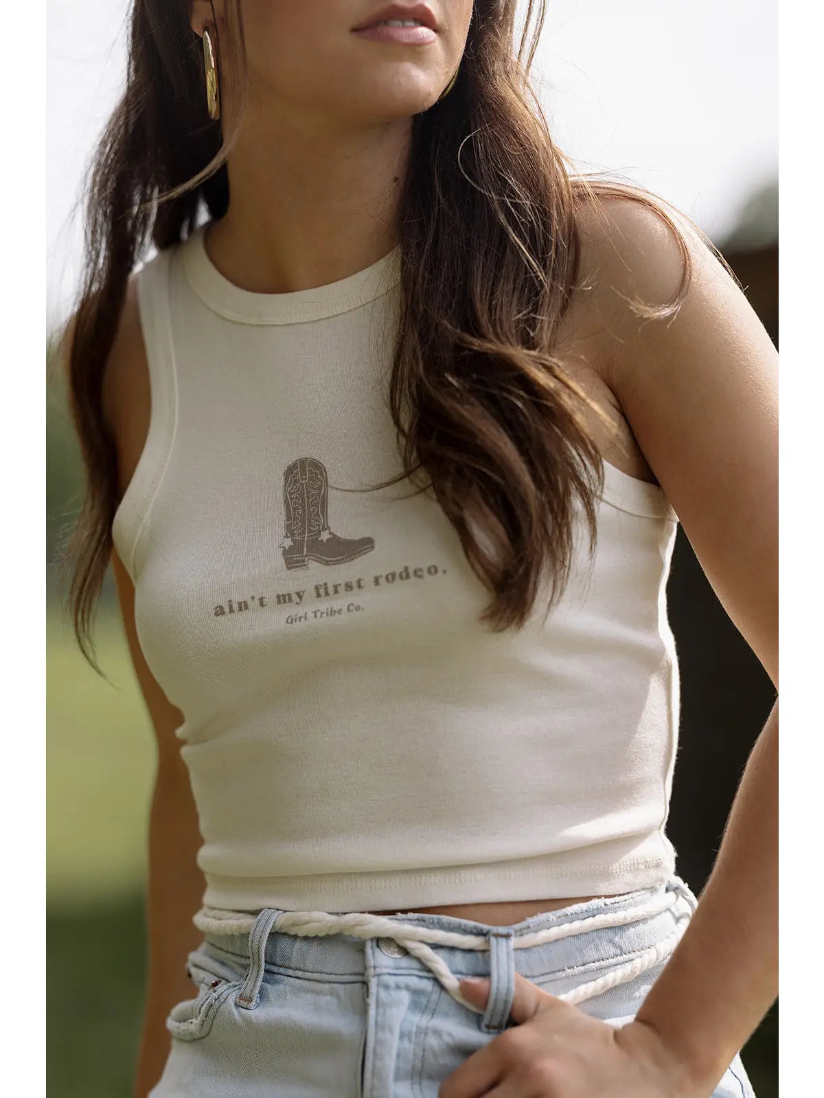 Nude Graphic Cropped Tank Top with Western-Inspired Print