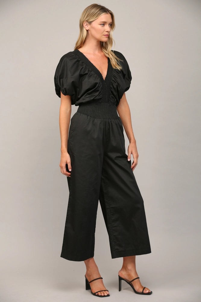 Wide Leg Puff Sleeve Jumpsuit in Classic Black