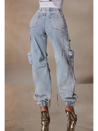 Light Wash Cargo Jogger Jeans with Drawstring Detailing