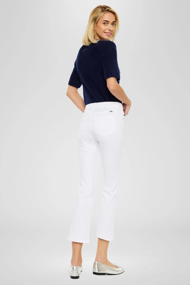 High Rise Cropped Kick Flare White Jeans with Side Slit Hem