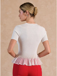 White Ribbed Knit Pleated Hem Short Sleeve Top