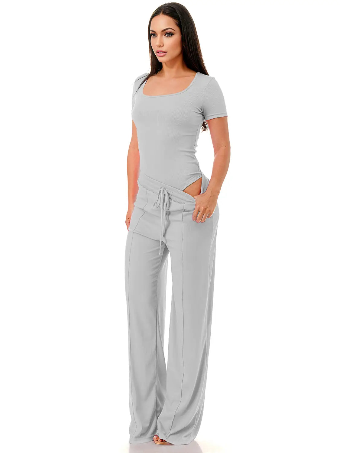 Gray Neck Bodysuit & Drawstring Wide Leg Pants Set