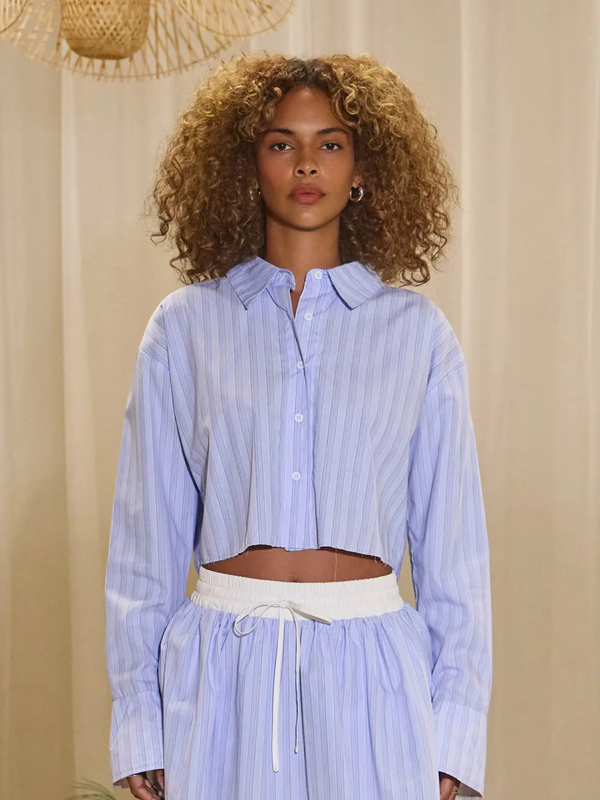 Striped Cropped Button Down Relaxed Shirt
