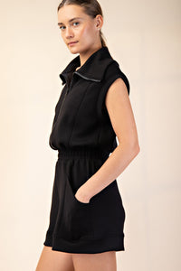 Black Zip Front Sleeveless Sweatshirt Romper