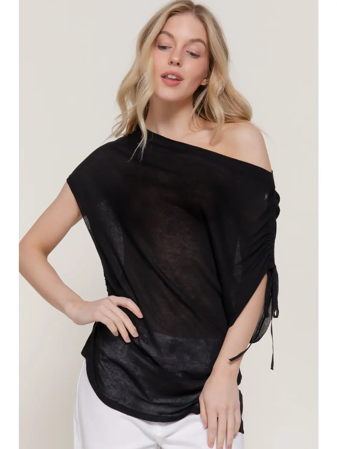 Black One Shoulder Drawstring Side Top
