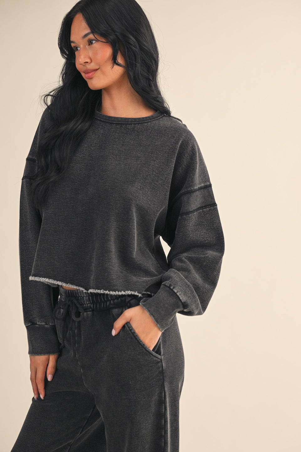 Vintage Wash Open Back Sweatshirt - Charcoal Relaxed Fit Pullover
