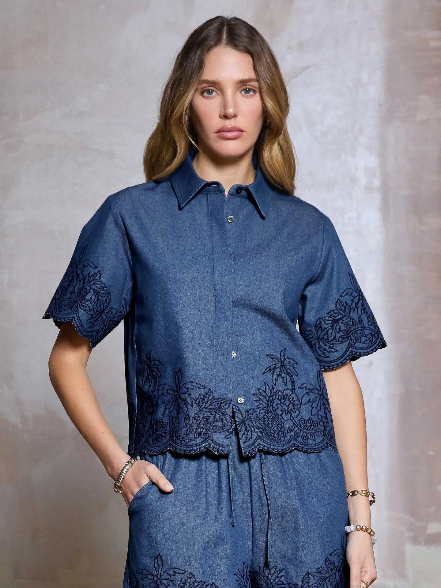 Embroidered Chambray Short Sleeve Button Front Top