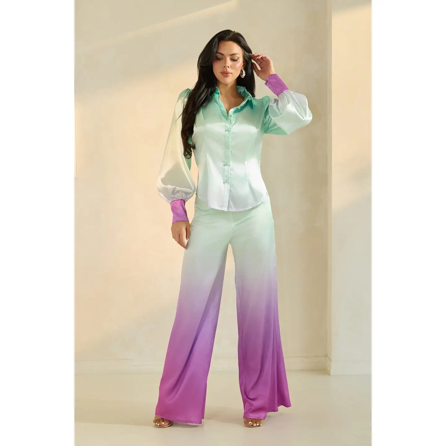 Satin Ombre Button-Up Shirt and Wide-Leg Pant Set