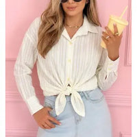 White Striped Button-Down Shirt with Front Tie Detail