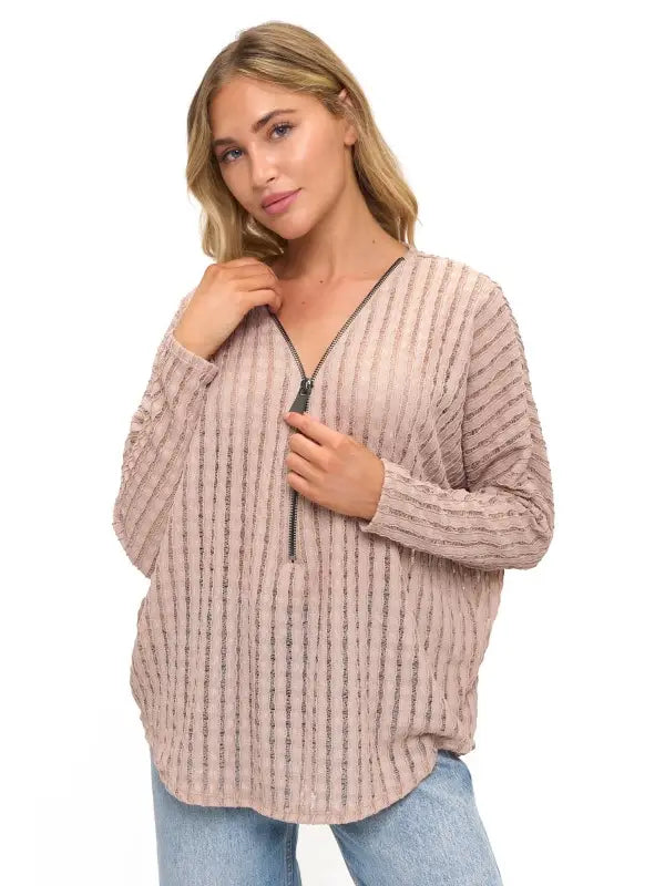 Blush Pink Textured Zip Front Long Sleeve Top